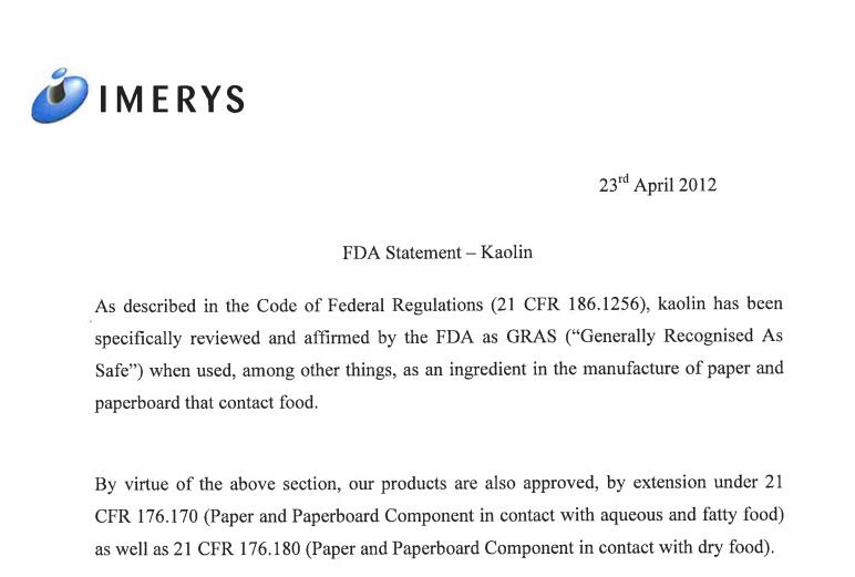 FDA Statement, IMA Clays, April 2012